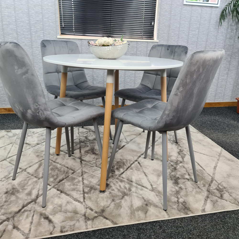 Portland 4 Seater Round Wood Velvet Dining Set White and Grey Image 2