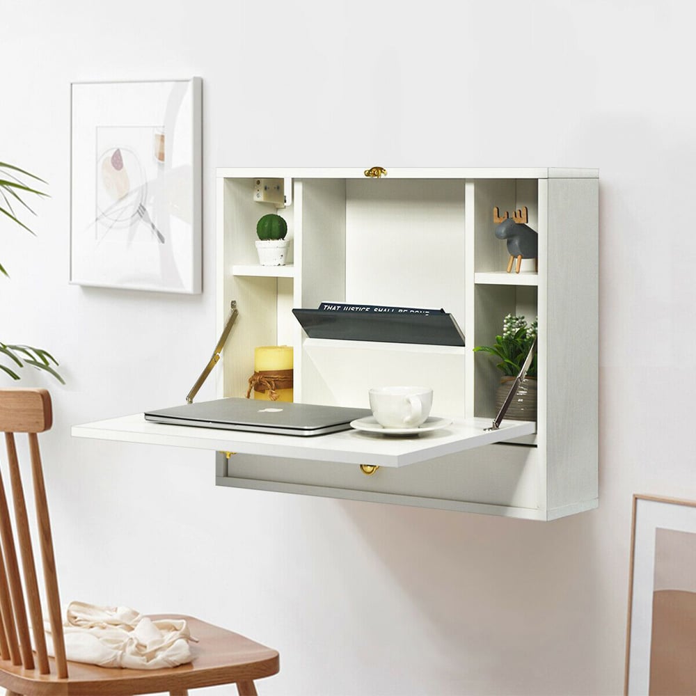Costway Wall Mounted Foldable Wooden Cabinet with Multi-functional Desk White Image 4