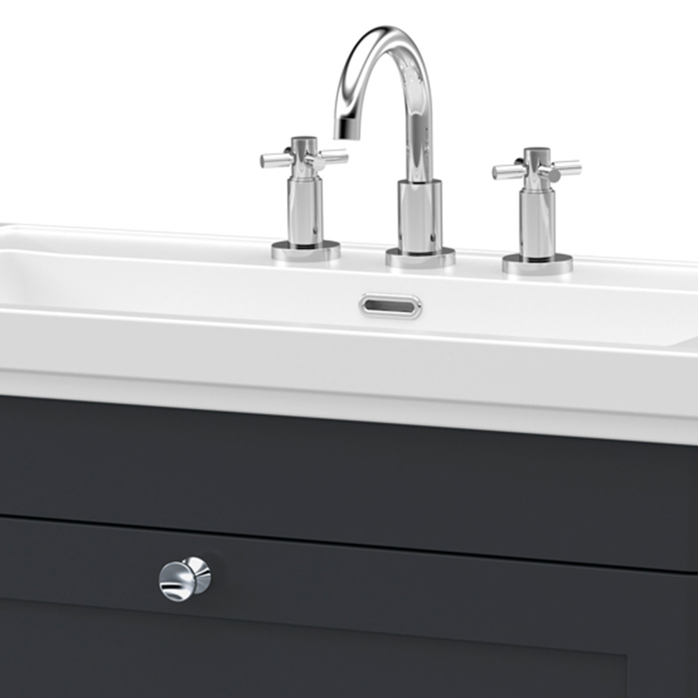 nuie Classique Single Drawer Soft Black Wall Hung Vanity Unit and 3 Tap Hole Fireclay Basin 800mm Image 2
