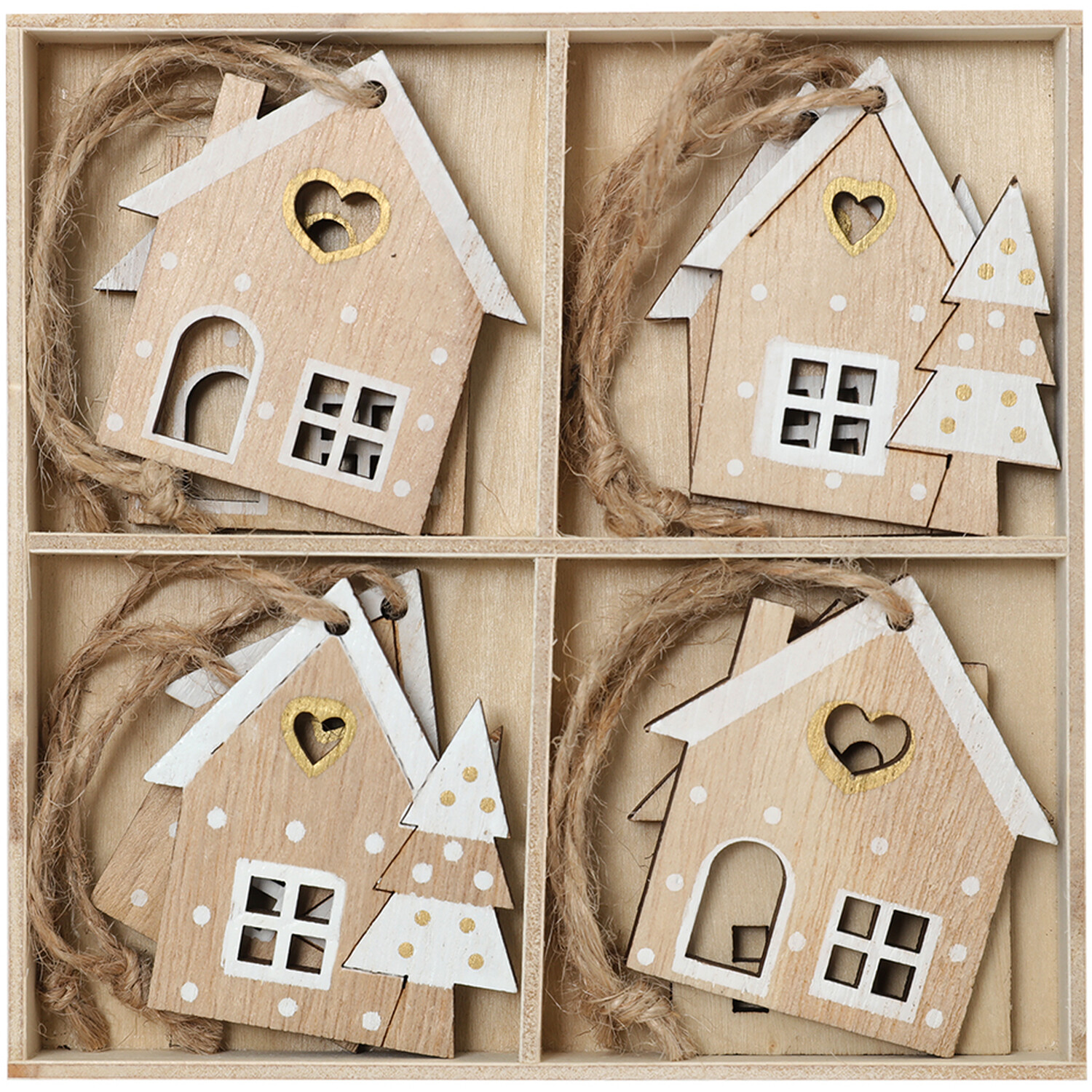 Set of 8 Wooden House Hanging Decorations Natural Wood and White Image 2