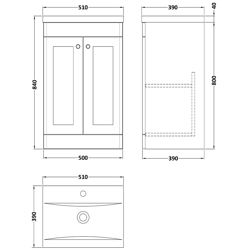 nuie Classique 2 Door Satin White Floor Standing Unit and Mid-Edge Ceramic Basin 500mm Image 3