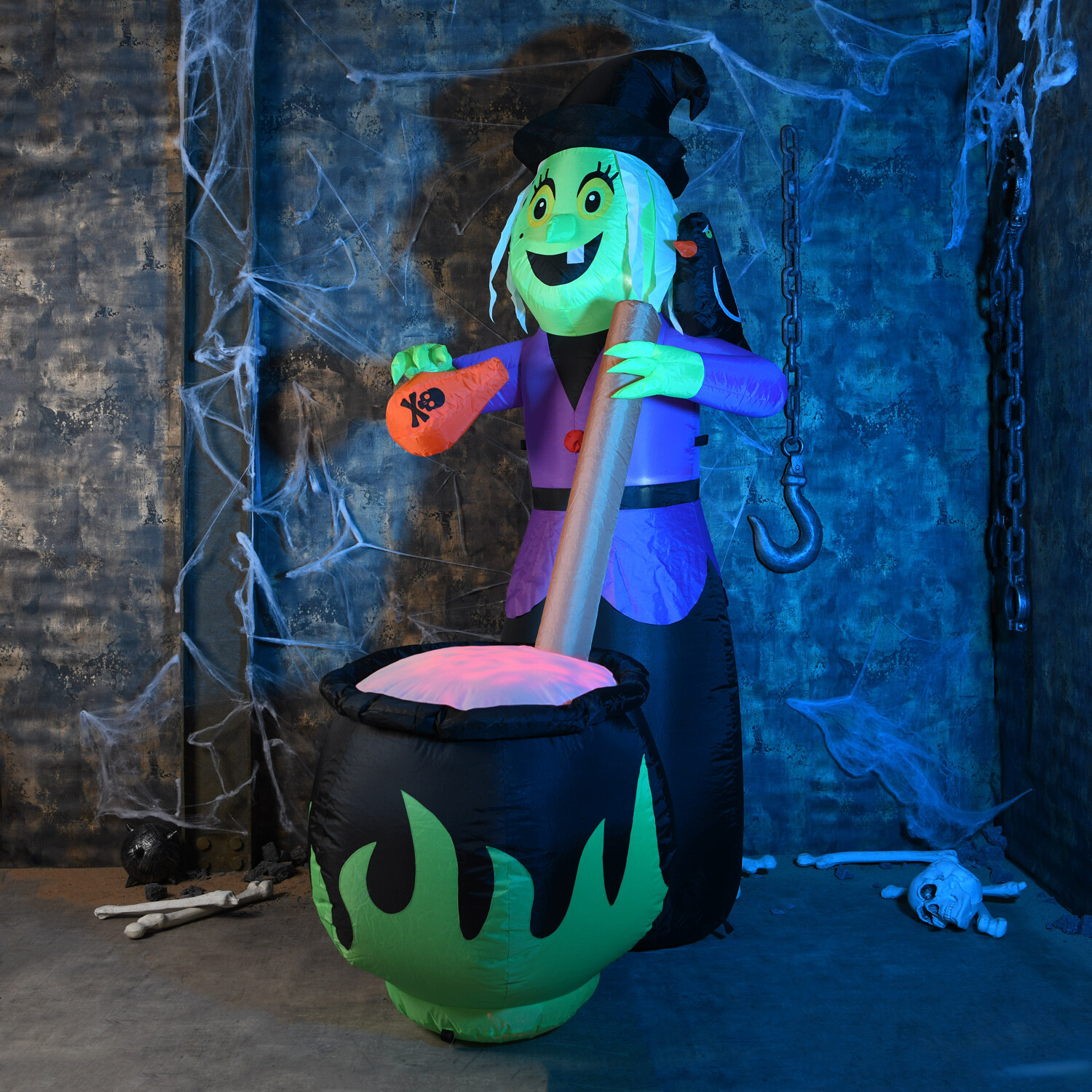 6ft Inflatable Witch with Disco Cauldron Image 2