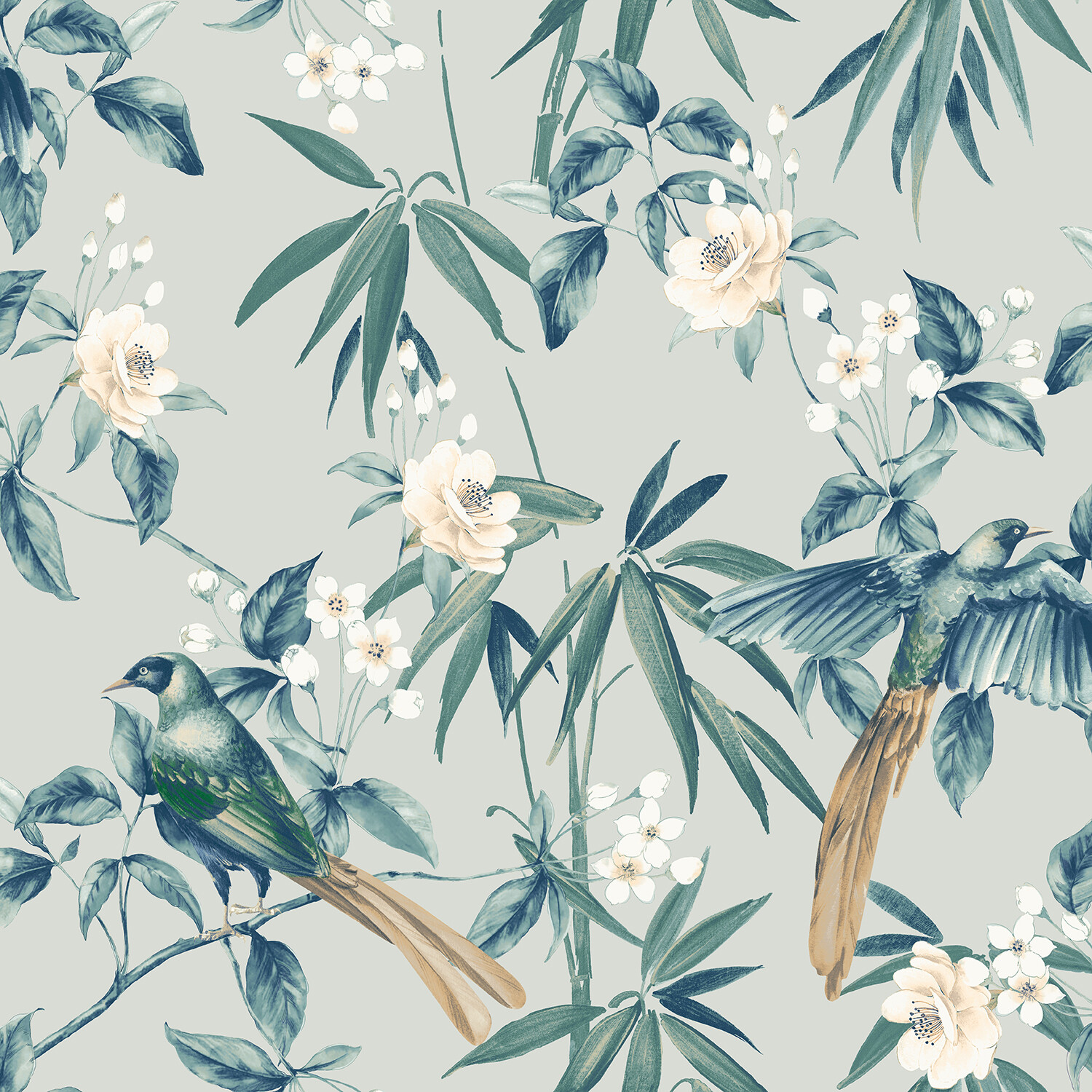 Oriental Floral Birds Wallpaper - Grey Blue Image 1