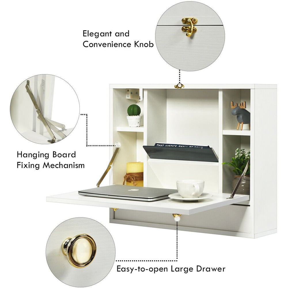 Costway Wall Mounted Foldable Wooden Cabinet with Multi-functional Desk White Image 6
