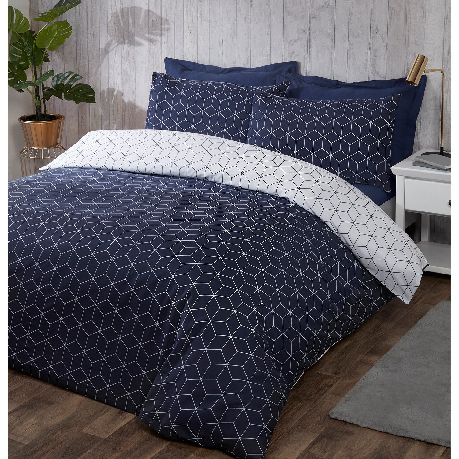 Divante Apollo Geo King Size Navy Duvet Cover and Pillowcase Set Image 2