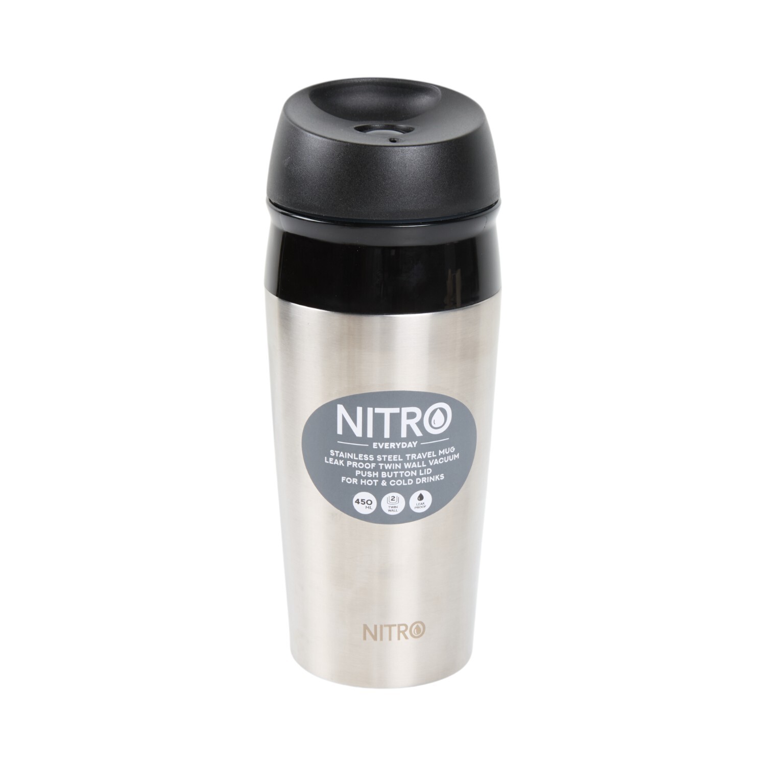Nitro Stainless Steel Leakproof Push Button Travel Mug Silver Image 1