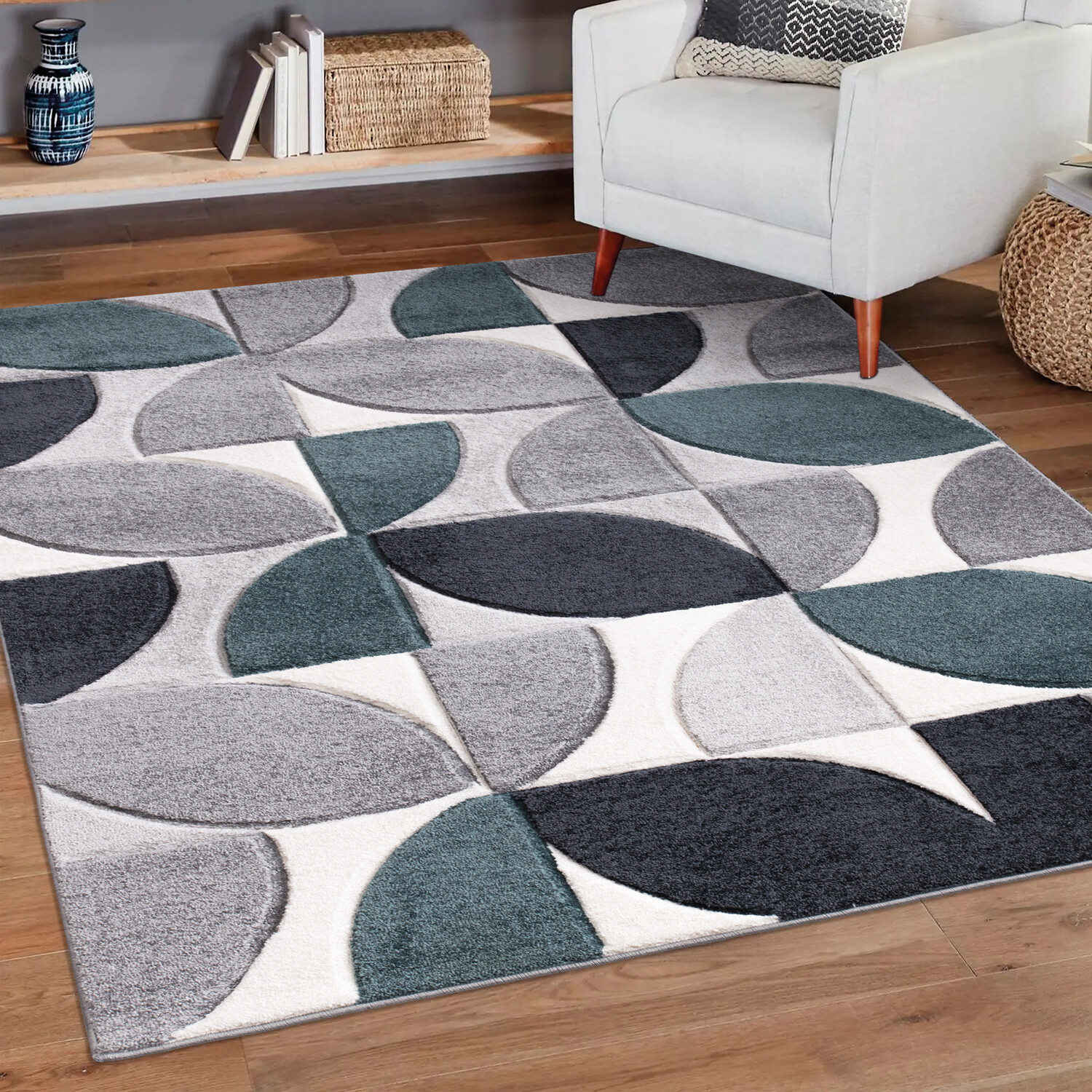 Modern Geo Pattern Rug Grey and Teal Image 2
