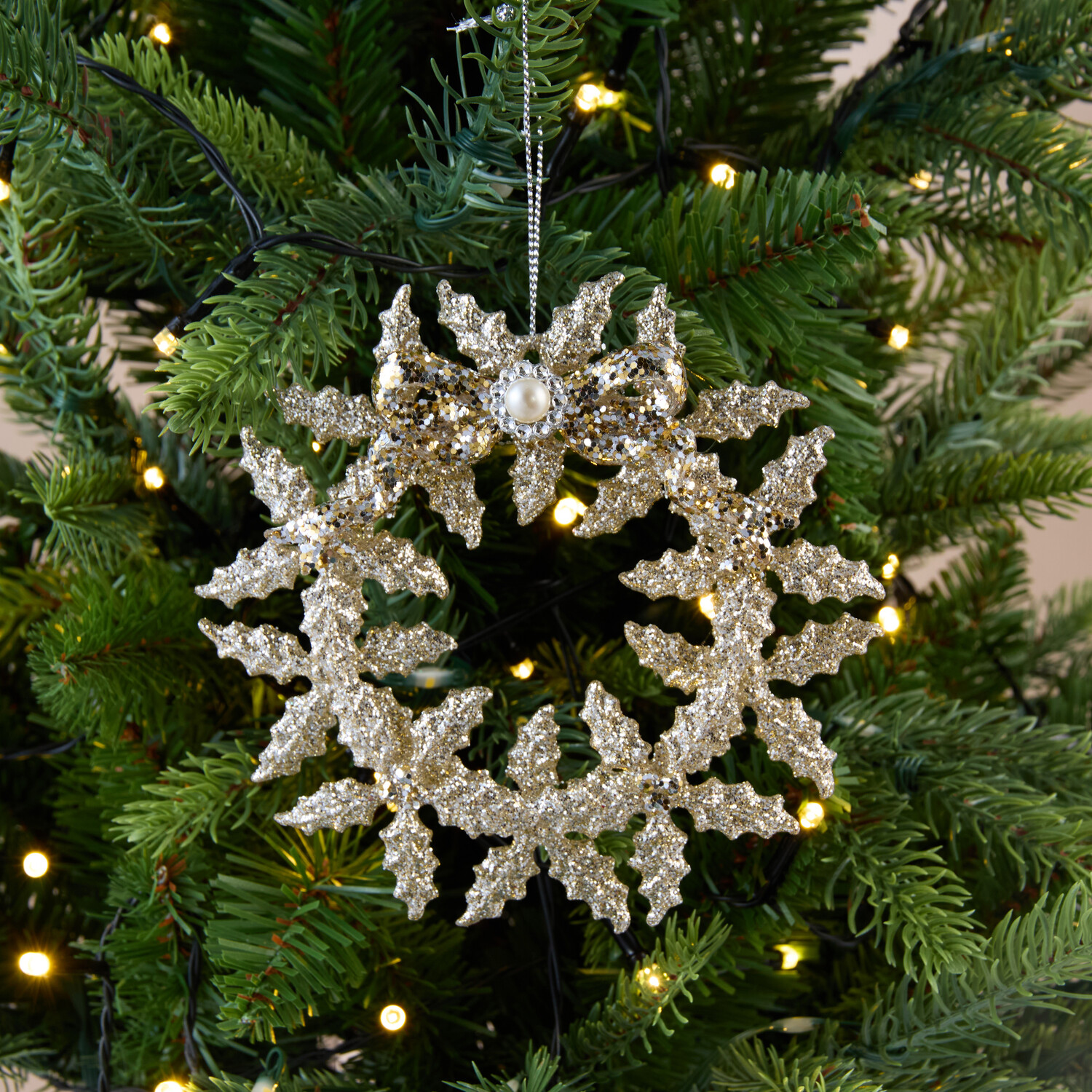 Glitter Wreath with Pearl Hanging Decoration Gold Image 2