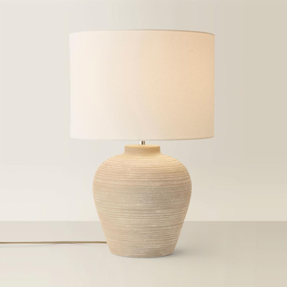 ValueLights Reid Linen Drum Lamp Shade Stone Grey Ribbed Ceramic Large LED Table Lamp Image 5