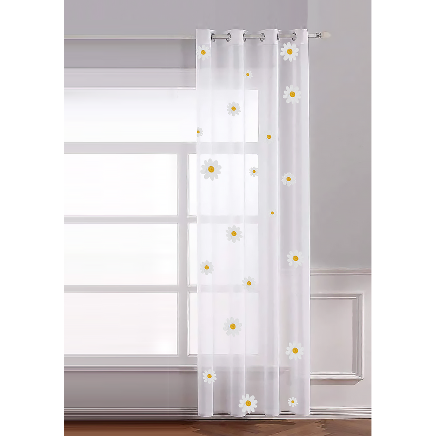 Daisy Embroidered Voile Curtain - White and Yellow Image 2