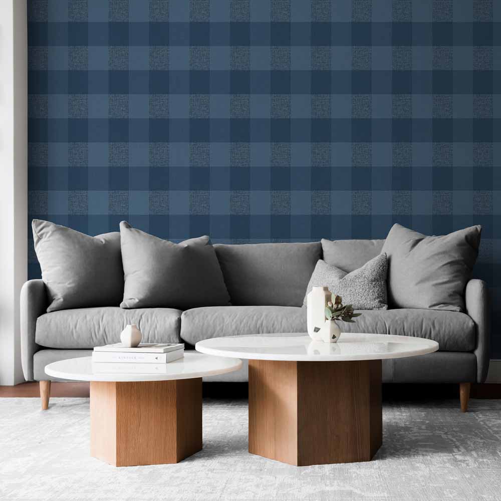 Muriva Opulent Check Blue Wallpaper Image 4