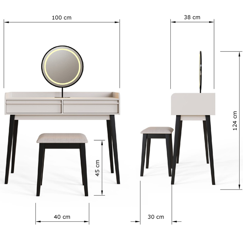 GFW Phoebe 2 Drawer Beige and Black Dressing Table and Stool Set with LED Mirror Image 9