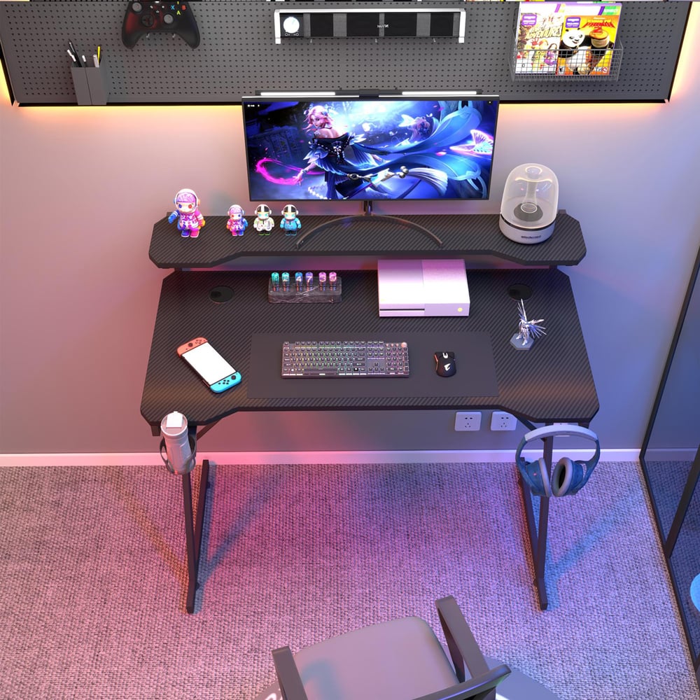 House of Home Carbon Fibre Top Computer Gaming Desk with Monitor Stand Black Image 3