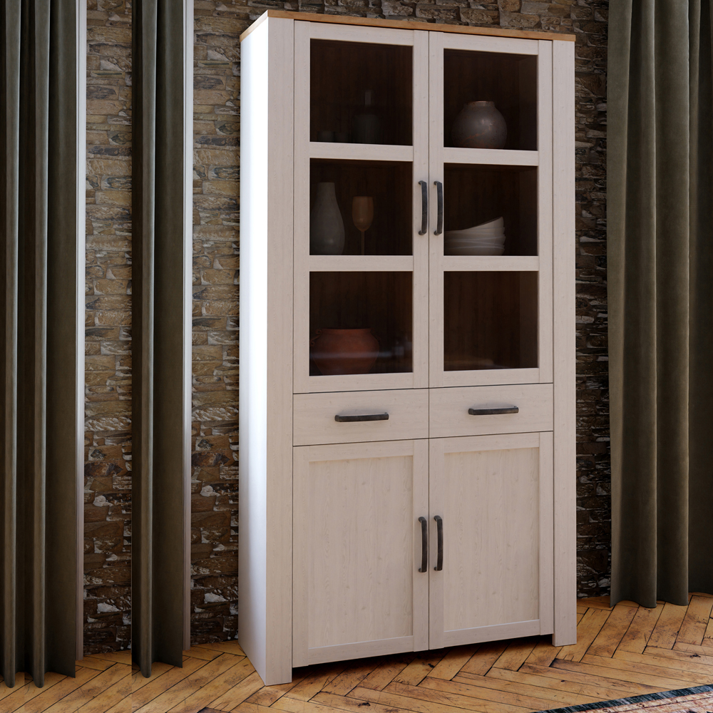 Florence Bohol 4 Door Single Drawer Oak and White Glass Display Cabinet with LED Lighting Image 7