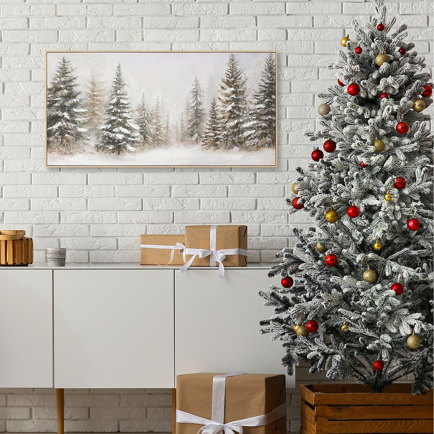 Snowy Tree Embellished Framed Canvas White Image 6