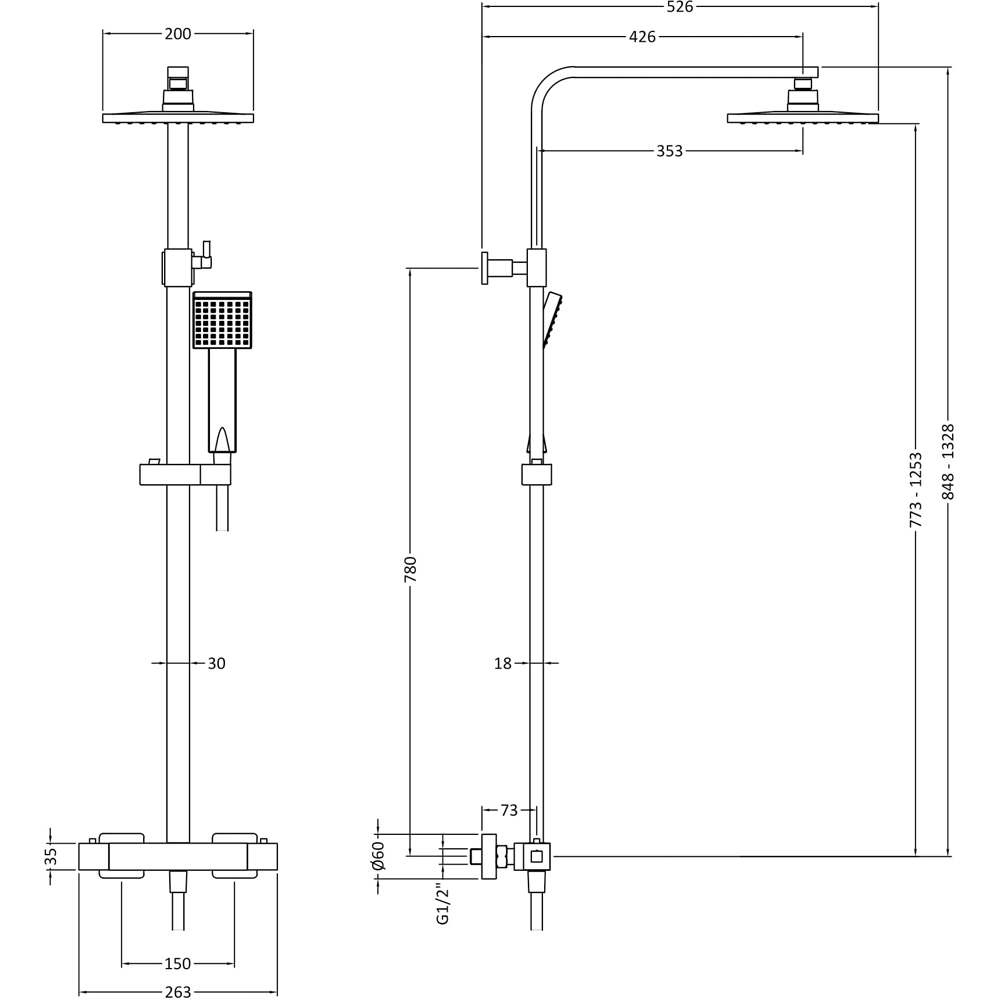 nuie Brushed Brass Square Thermostatic Bar Valve and Shower Kit Image 3