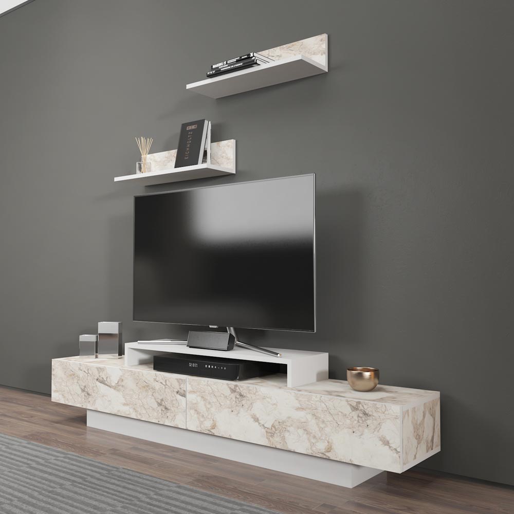 Decorotika Lusi 2 Door Single Shelf White Marble Effect and White TV Unit with 2 Wall Shelf Image 3