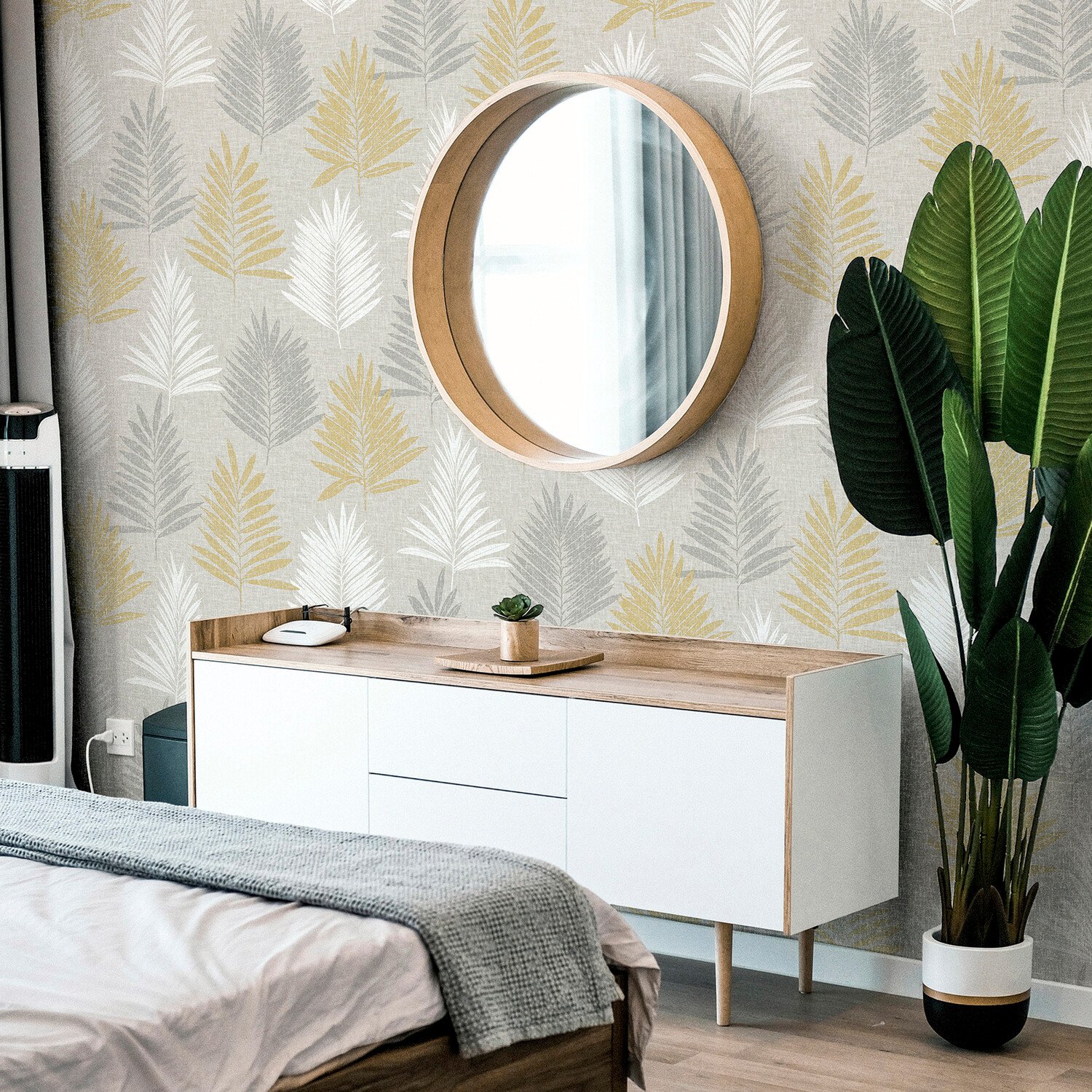 Linen Palm Wallpaper - Ochre and Grey Image 2