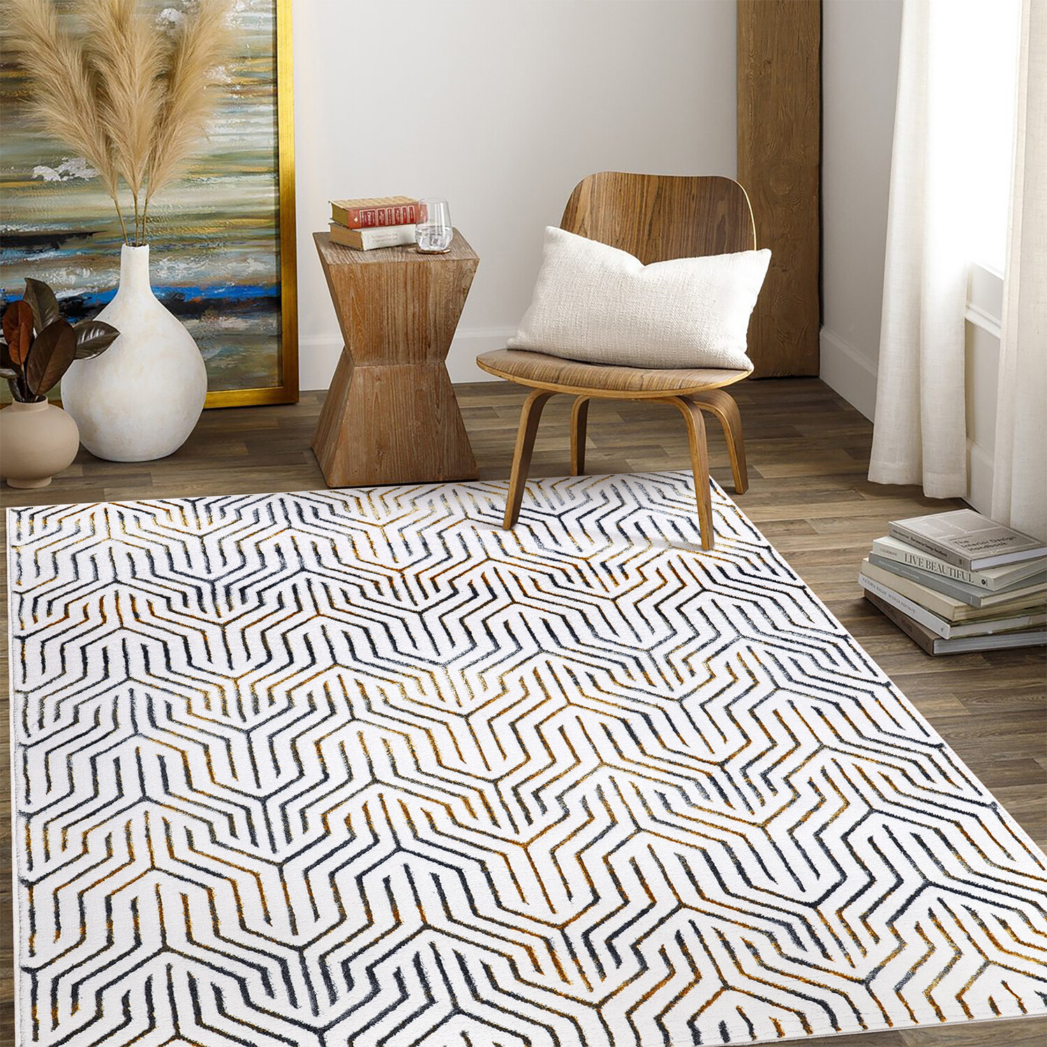 Sunset Geo Strips Rug - Grey and Gold Image 2