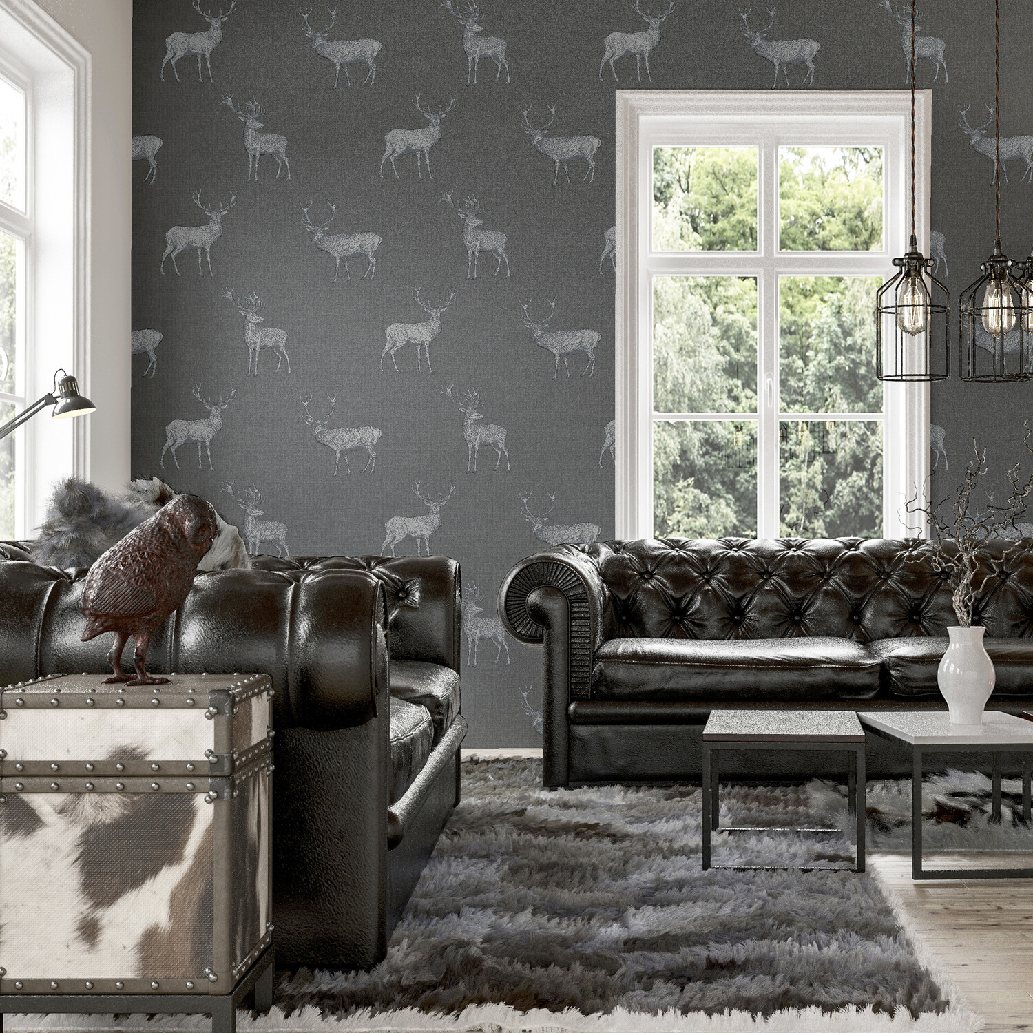 Heritage Stag Wallpaper - Grey and Silver Image 2