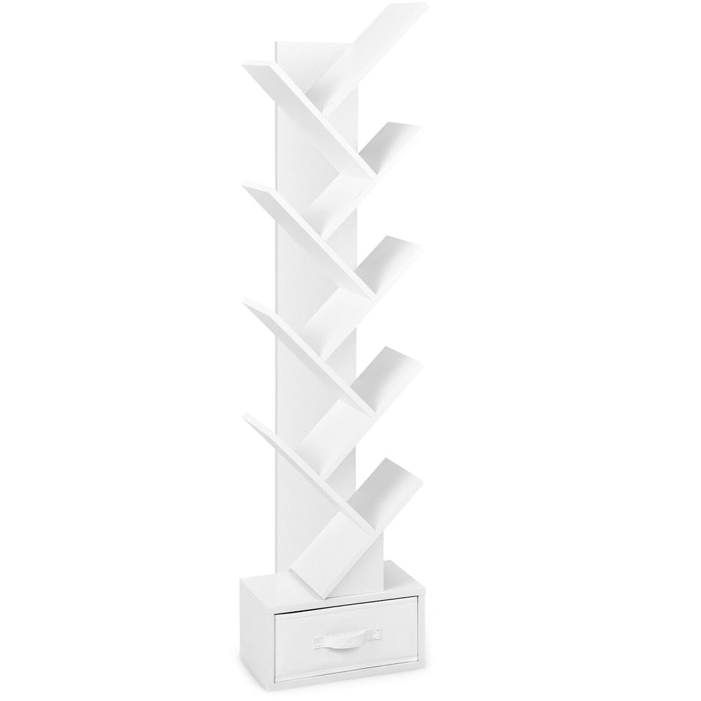 Costway Single Drawer 10 Shelf White Tree Bookshelf Image 2