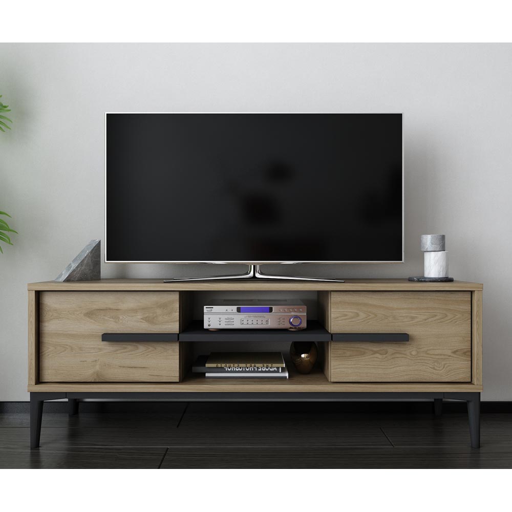 Decorotika Erisa 7 Shelf Oud Oak Black Modern TV Unit Image 5