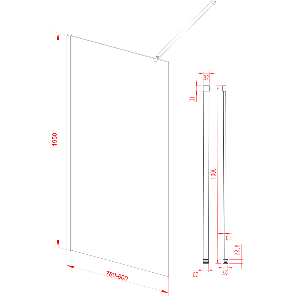 Bathstore Nero Fluted Glass Wetroom Shower Panel with Matt Black Profile and Front Arm 800mm Image 5