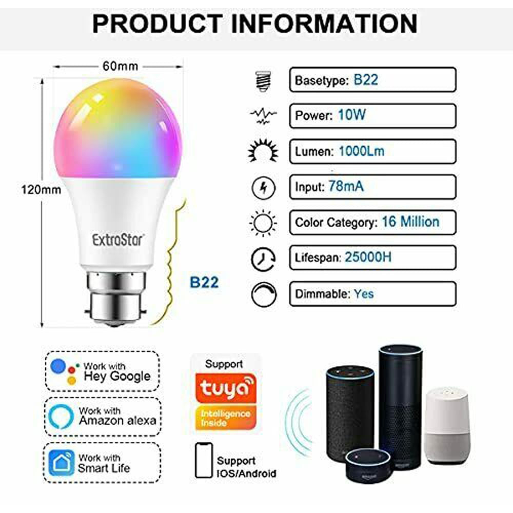 ExtraStar 2 Pack A60 B22 LED 1000 Lumens Smart Wifi Bulb Image 6