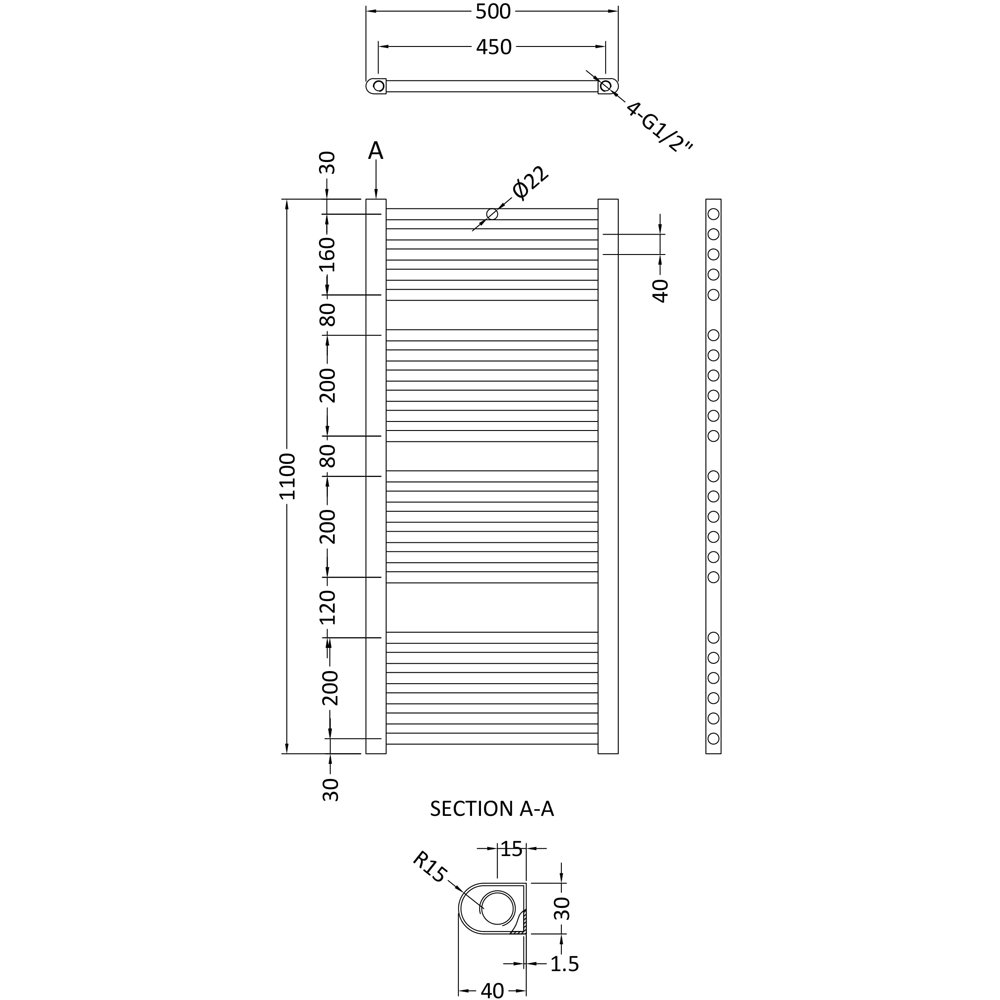 nuie Chrome Straight Ladder Rail 1100 x 500mm Image 3