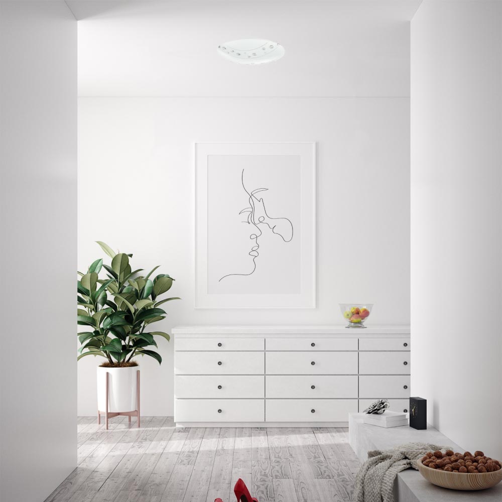 Happy Homewares Circular Opal White Glass Flush Ceiling Light with Crystal Buttons Image 2