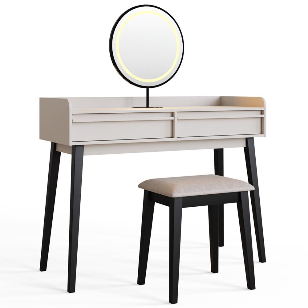 GFW Phoebe 2 Drawer Beige and Black Dressing Table and Stool Set with LED Mirror Image 2
