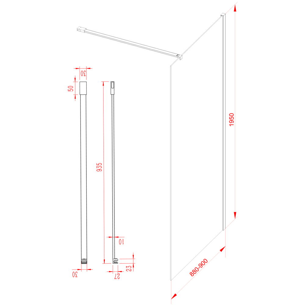 Bathstore Nero Fluted Glass Wetroom Shower Panel with Chrome Profile and Side Arm 900mm Image 5