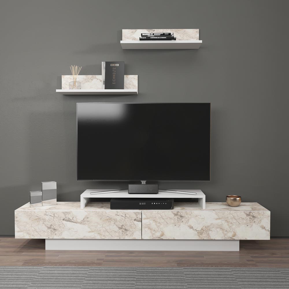 Decorotika Lusi 2 Door Single Shelf White Marble Effect and White TV Unit with 2 Wall Shelf Image 5