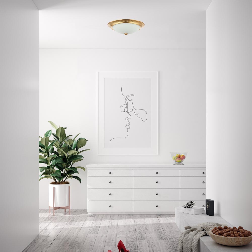 Happy Homewares Traditional Brushed Gold Flush Ceiling Light with Opal Glass Diffuser Image 2