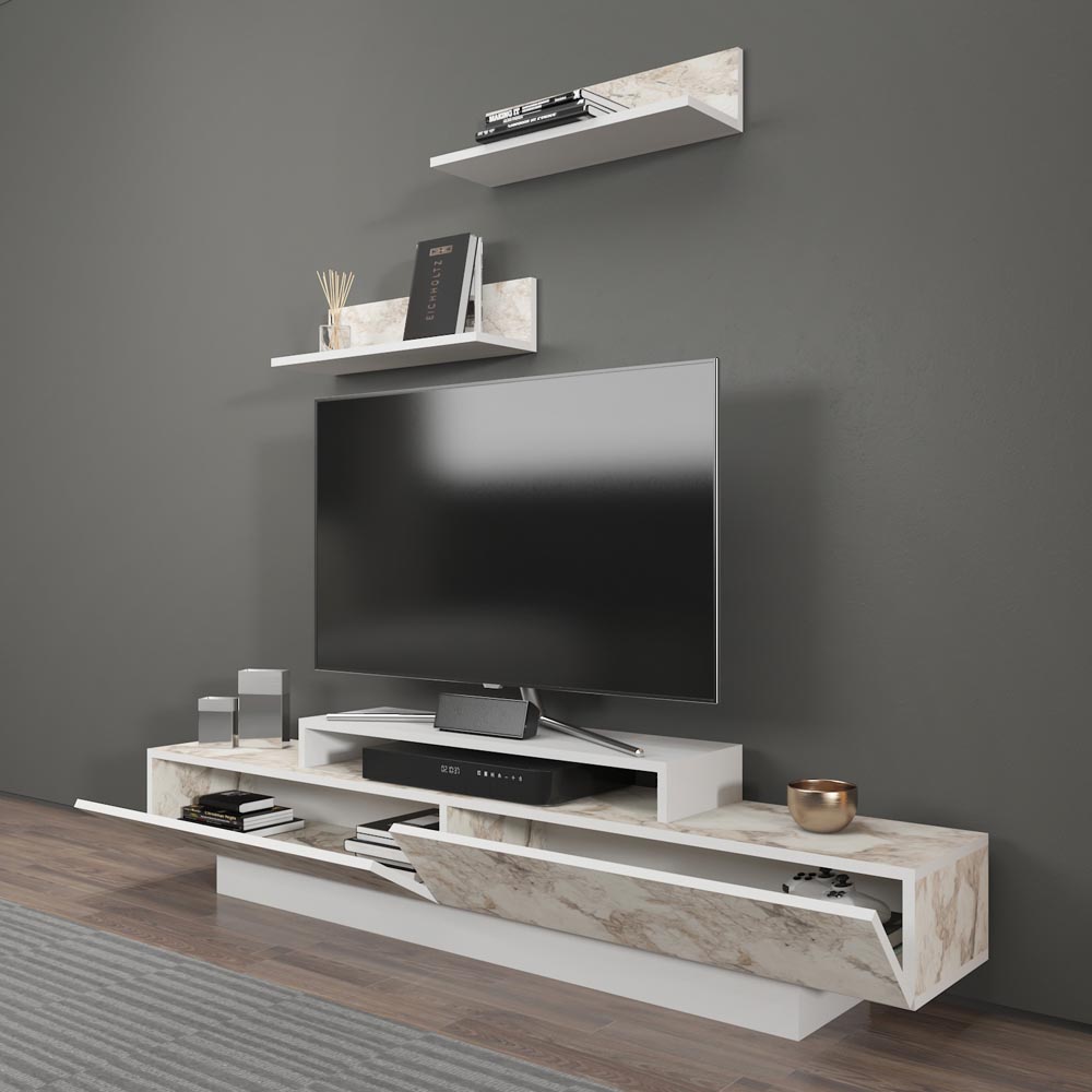 Decorotika Lusi 2 Door Single Shelf White Marble Effect and White TV Unit with 2 Wall Shelf Image 4