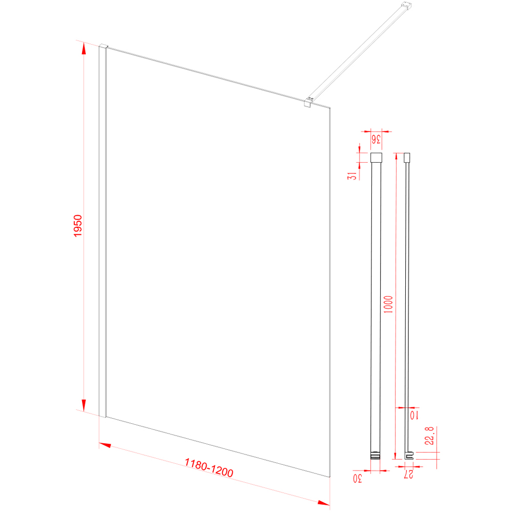 Bathstore Nero Fluted Glass Wetroom Shower Panel with Chrome Profile and Front Arm 1200mm Image 5