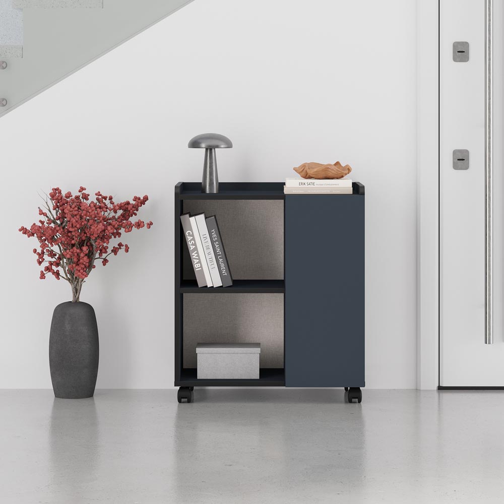 Decortie Zeo Single Door 2 Shelf Deep Blue and Black Bute Mobile Storage Unit with Castors Image 3