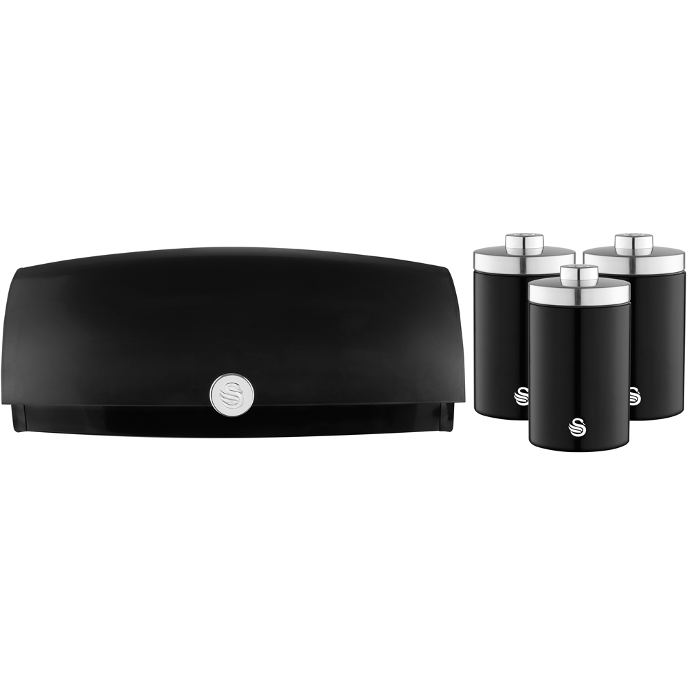 Swan Townhouse EEJB280 Black Bread Bin with 3 Piece Canister Set Image 1
