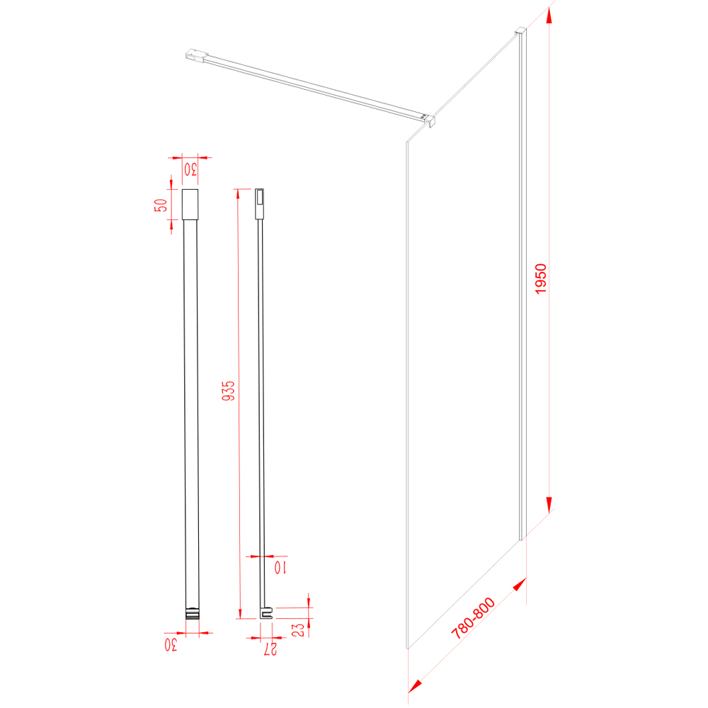 Bathstore Nero Fluted Glass Wetroom Shower Panel with Matt Black Profile and Side Arm 800mm Image 5