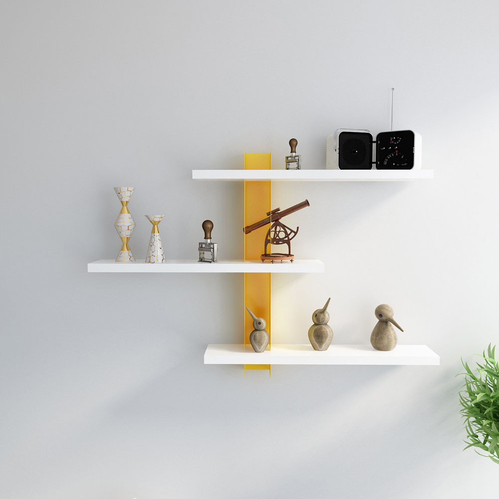 Decorotika Mita 3 Shelf White and Yellow Adjustable Wall Mounted Display Unit Image 2