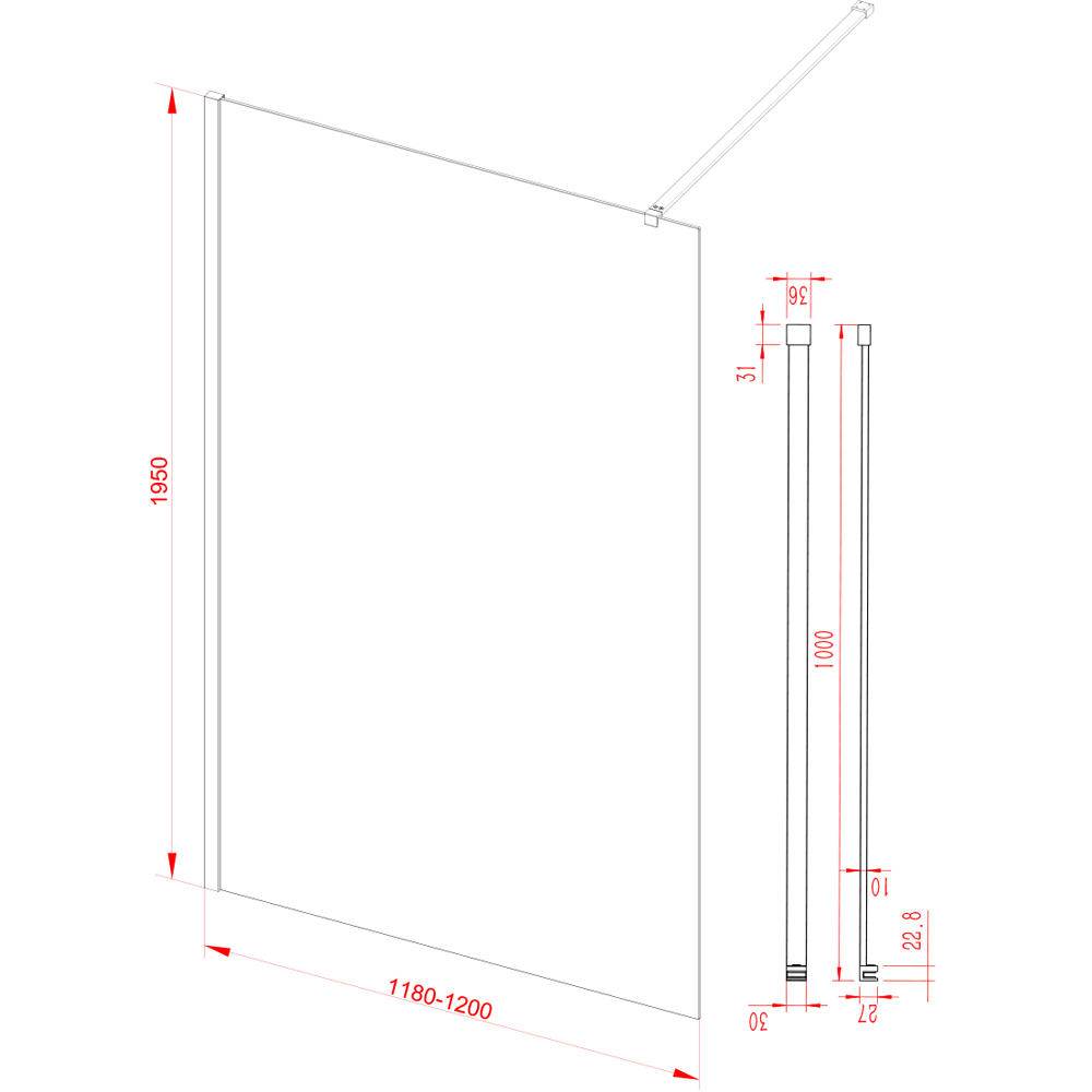 Bathstore Nero Fluted Glass Wetroom Shower Panel with Matt Black Profile and Front Arm 1200mm Image 5