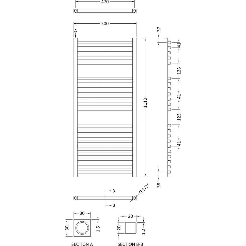 nuie Chrome 300W Square Electric Radiator 1100 x 500mm Image 2