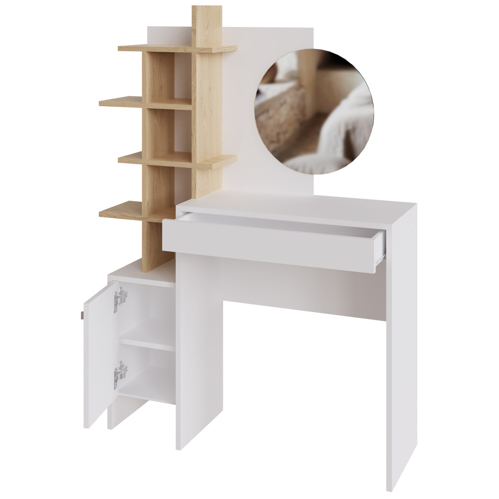 GFW Freyja Single Door Single Drawer White Oak Dressing Table with Mirror Image 3