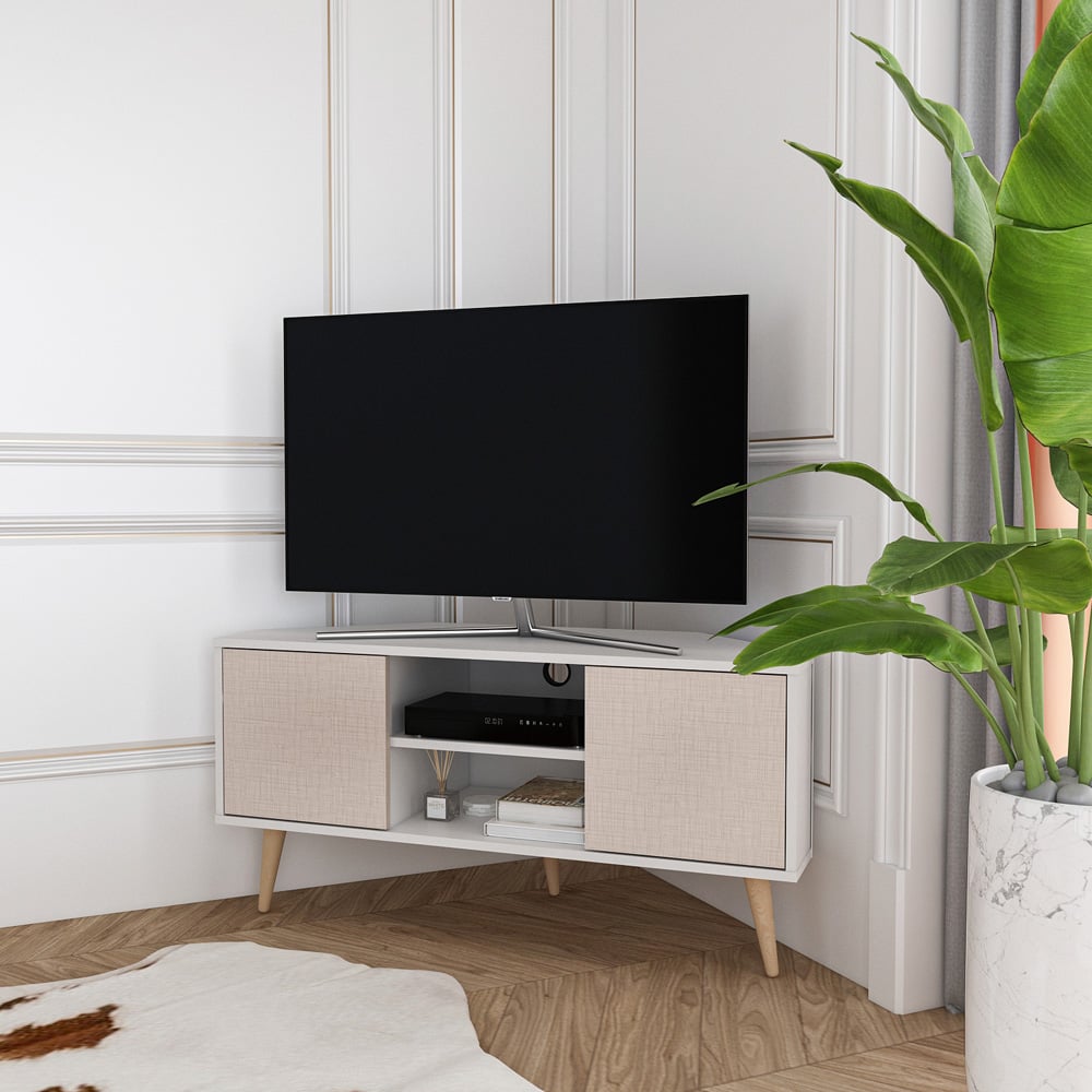 Decorotika Lesson 2 Door 2 Shelf White and Beige Corner TV Stand Image 5