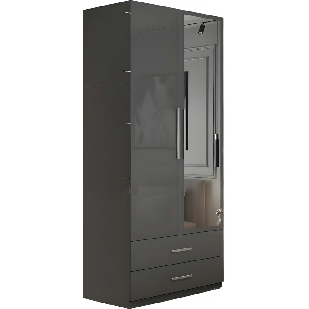 M N Furniture Glossera 2 Door 2 Drawer Grey High Gloss Mirrored Wardrobe 80cm Image 2