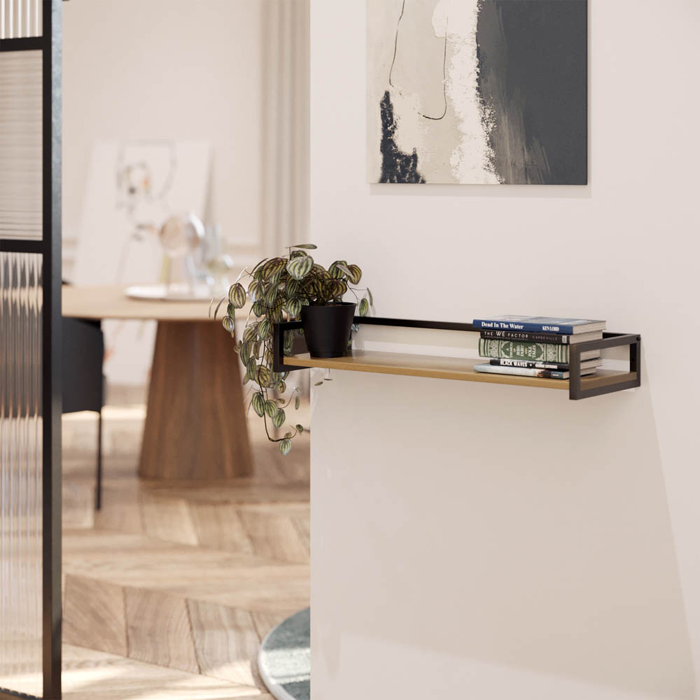 Homebase Mango Wood Effect Black Steel Frame Industrial Wall Shelf 2 Pack Image 2