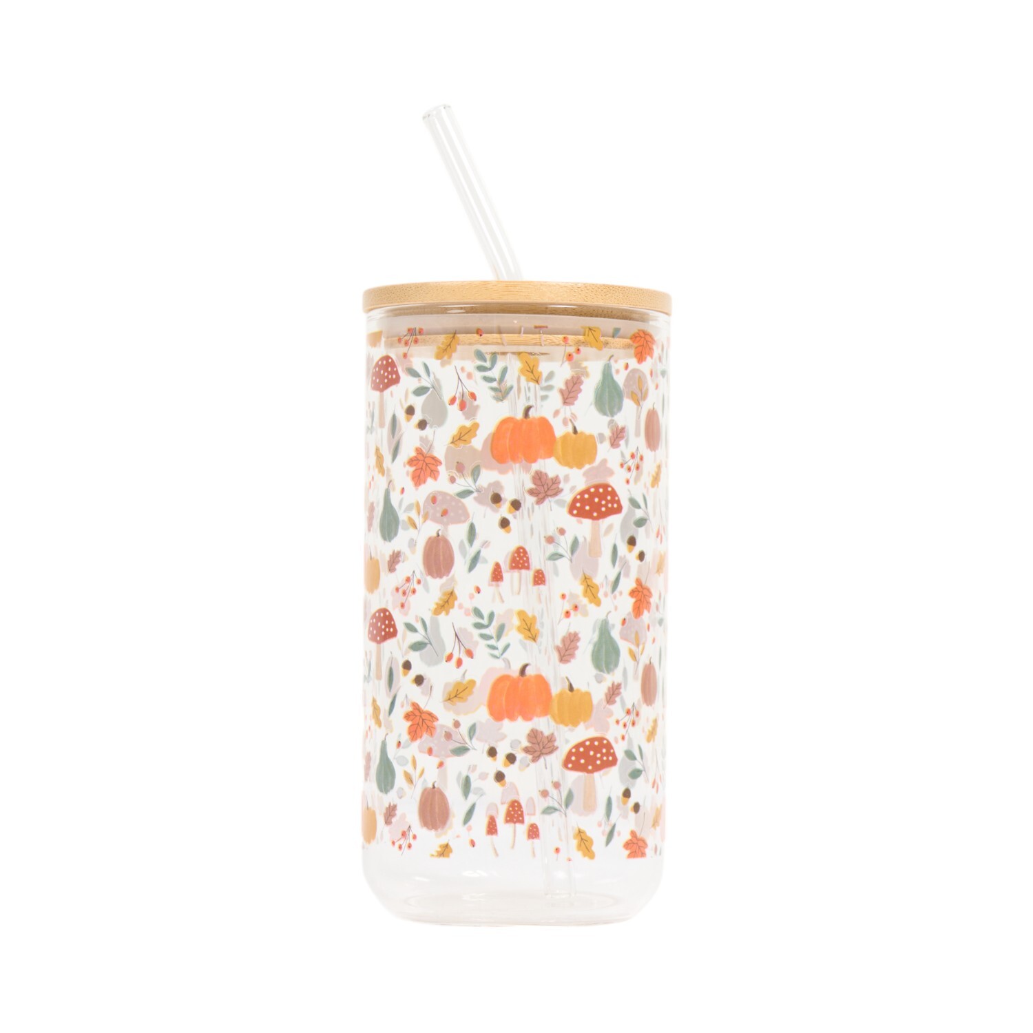 Autumn Print Glass Drinking Jar with Straw Image 2