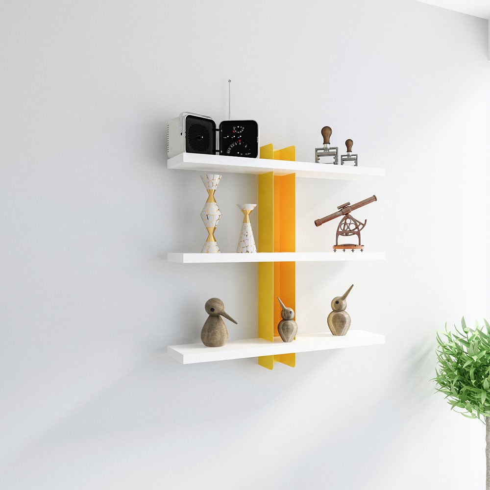 Decorotika Mita 3 Shelf White and Yellow Adjustable Wall Mounted Display Unit Image 3