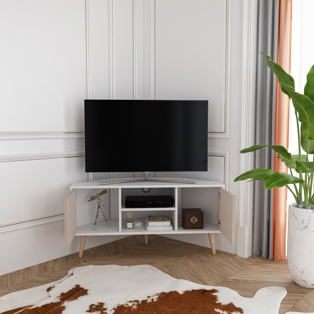 Decorotika Lesson 2 Door 2 Shelf White and Beige Corner TV Stand Image 4