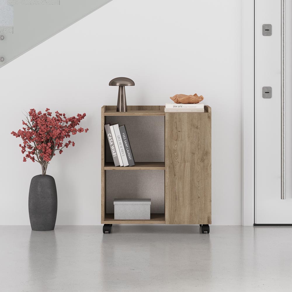 Decortie Zeo Single Door 2 Shelf Oak Effect Mobile Storage Unit with Castors Image 3